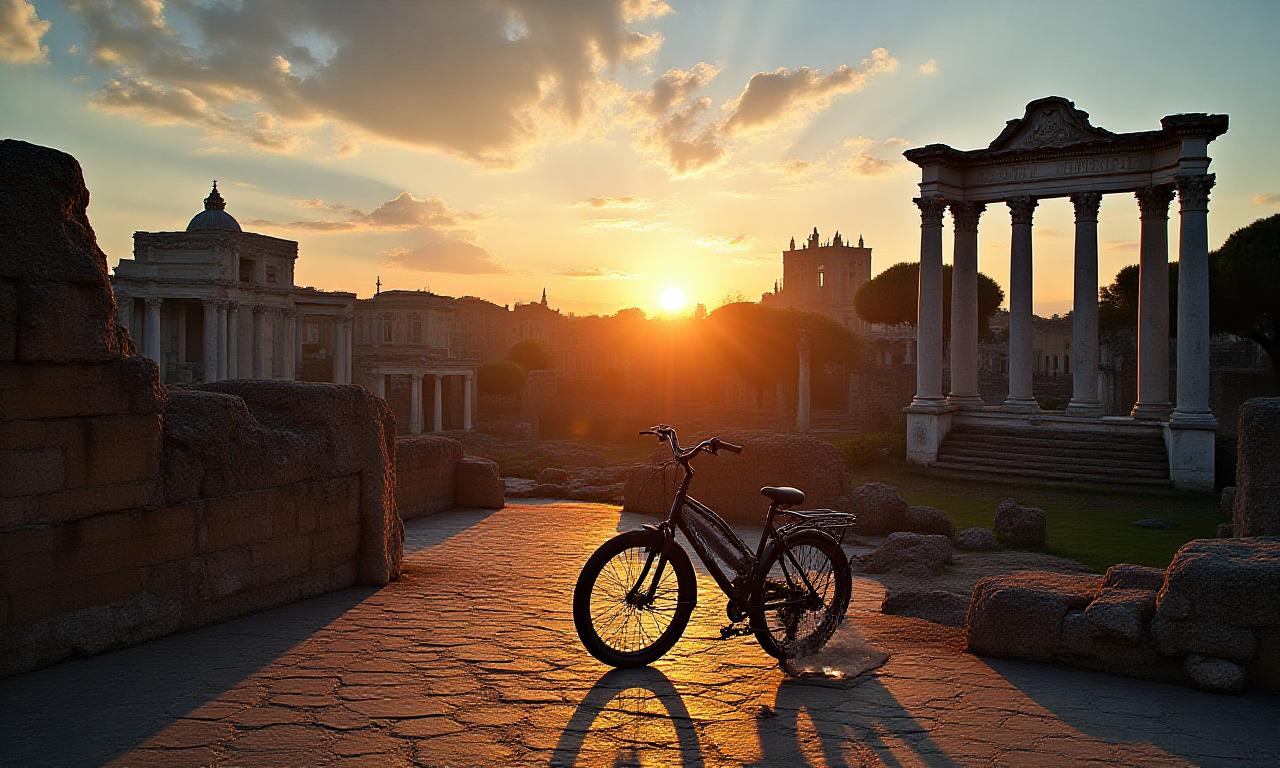 Vista ciclistica dei Fori Imperiali al tramonto